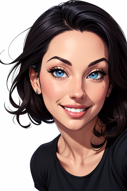 (cartoon style:1.2), Drawings of ([Kelly Brook]), portrait, wearing black t-shirt, short skirts, smile, perfect eyes, detailed face, white background, fun posing, flirty look, Centered, scale to fit the dimensions