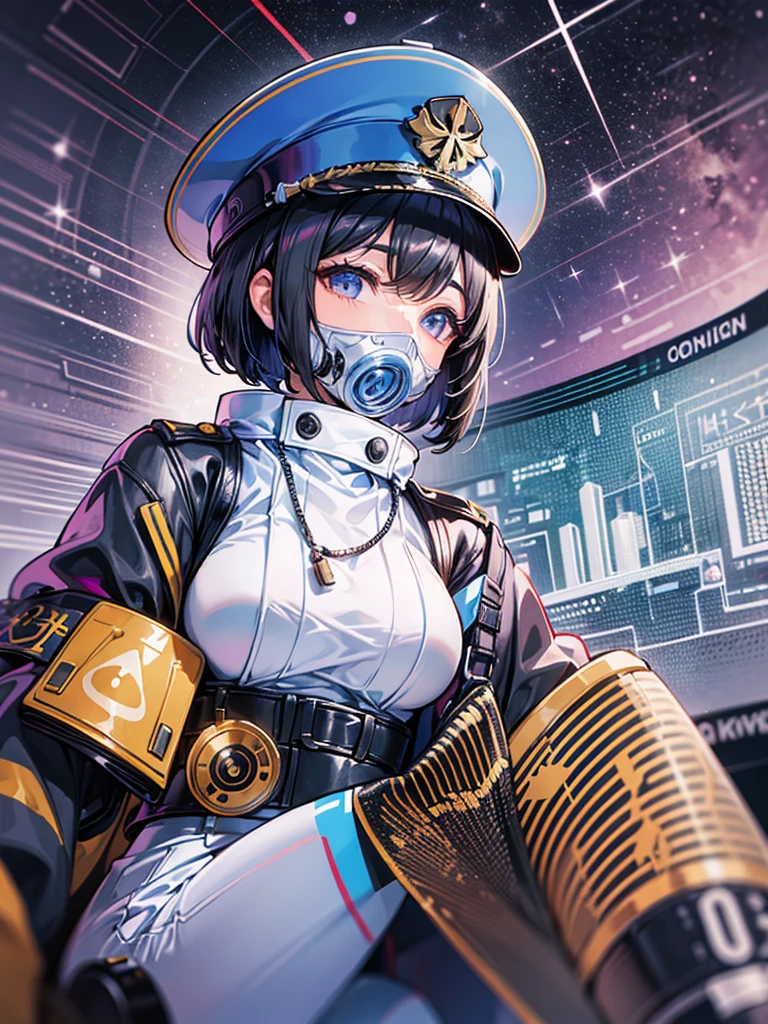 (((masterpiece、Highest image quality、highest quality、highly detailed unity 8kwallpaper)))、(Illustration of one woman)、30 years old、(Viceroy)、((Black hair bob cut))、(((Gas mask covering the mouth)))、gray eyes、((tall、big breasts))、((Military uniforms))、((Military Cap))、((military coat))、(white clothes)、(white pants)、(white hat)、trench coat、(((Sitting in the captain's seat)))、(((Inside a futuristic spaceship、Surrounded by instruments and monitors、The Universe on the Monitor、Earth seen from space)))