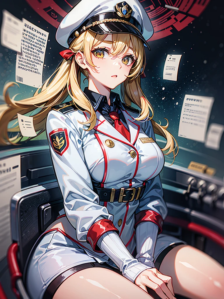 (((masterpiece、Highest image quality、highest quality、highly detailed unity 8kwallpaper)))、(Illustration of one woman)、whole body、30 years old、(((neutral)))、((blonde、twin tails))、Light golden eyes、((tall))、(((stocky build、thickset physique:1.3、muscular legs、muscular arms、broad shoulders、solid chest)))、(((manspreading、Sitting in the captain's seat)))、((Military uniforms))、((Military Cap))、((military coat))、(white clothes)、(white pants)、(white hat)、trench coat、((Inside a futuristic spaceship、Surrounded by instruments and monitors、The Universe on the Monitor、Earth seen from space))