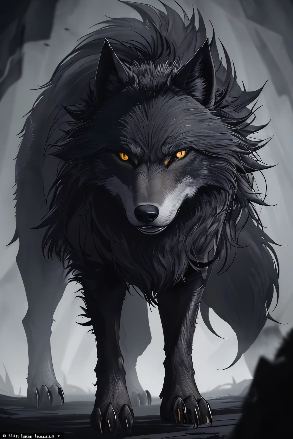 A snarling wolf with intensely yellow eyes is depicted in a dimly lit environment, casting long, ominous shadows. The wolf's fur is ruffled, revealing its muscles and sinew beneath. Its fangs are bared in a menacing snarl, and its piercing gaze locks onto the viewer. The wolf's eyes seem to glow with an otherworldly light, adding to the sense of unease. The scene is draped in an ominous, moody atmosphere, with the only sound being the wolf's low growls. The image is rendered in exquisite detail, capturing every nuance of the wolf's features. The darkness of the scene is contrasted