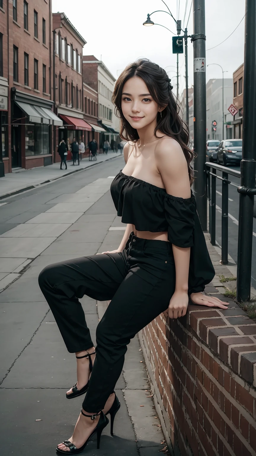I am a 25 year old woman.、A timeless beauty with great style、long hair、Hair is wavy、Slender but well-proportioned muscular body、smile、She is wearing a one-shoulder top with a logo on it.、Wearing high heels、I'm wearing low rise pants、I'm in the old brick town of a foggy city.、The ground is cobblestone、smile、big chest、sitting、sticking one's chin in one's chin