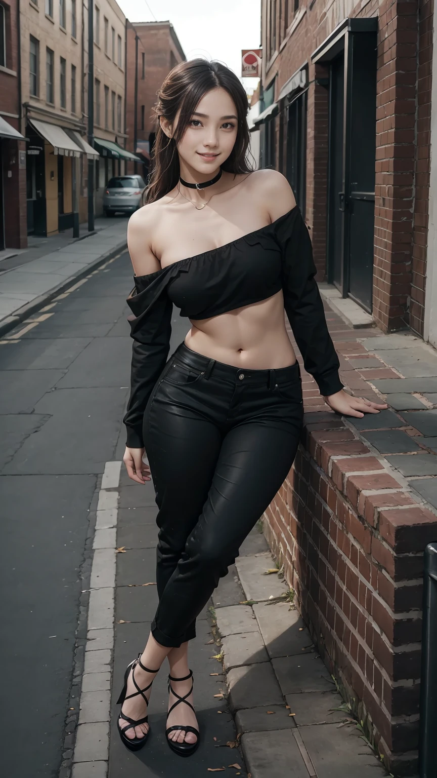 I am a 25 year old woman.、A timeless beauty with great style、long hair、Hair is wavy、Slender but well-proportioned muscular body、smile、She is wearing a one-shoulder top with a logo on it.、Wearing high heels、I&#39;m wearing low rise pants、I&#39;m in the old brick town of a foggy city.、The ground is cobblestone、smile、big chest、sitting、sticking one&#39;s chin in one&#39;s chin