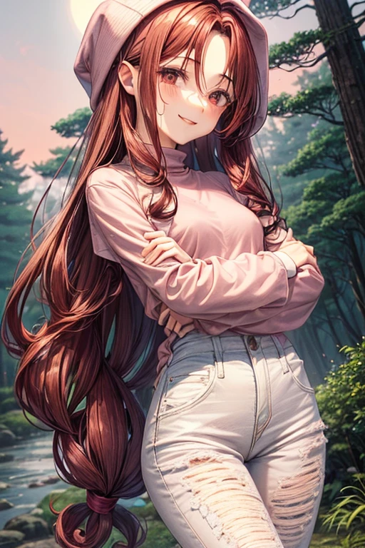 A 14 year old Japanese slender(( small breast )) lady, dark red ((loose curly hair))smooth curly short hair((much long forelock :1.5)) , wearing a long sleeved shirt ((pale pink, high neck))and a long tunic, white damaged jeans, beanie((beige )), looks really calming and beautiful and cool, at a forest , spreading her left arms forward,  smiling seriously under the moonlight,(( hug pose)), 