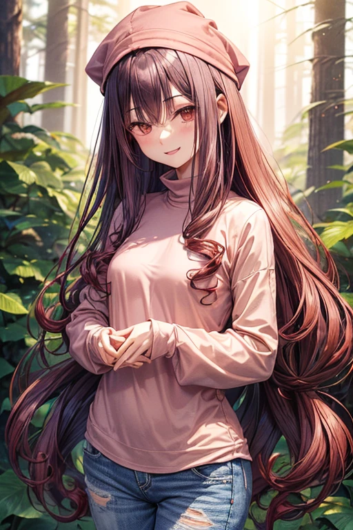 A 14 year old Japanese slender(( small breast )) lady, dark red ((loose curly hair))smooth curly short hair((much long forelock :1.5)) , wearing a long sleeved shirt ((pale pink, high neck))and a long tunic, white damaged jeans, beanie((beige )), looks really calming and beautiful and cool, at a forest , spreading her left arms forward,  smiling seriously under the moonlight,(( hug pose)), 