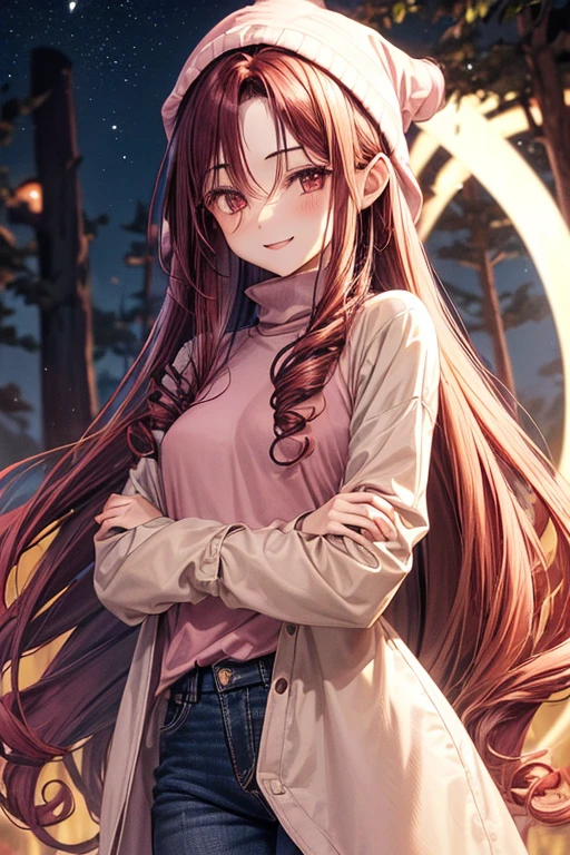 A 14 year old Japanese slender(( small breast )) lady, dark red ((loose curly hair))smooth curly short hair((much long forelock :1.5)) , wearing a long sleeved shirt ((pale pink, high neck))and a long tunic, white damaged jeans, beanie((beige )), looks really calming and beautiful and cool, at a forest , spreading her left arms forward, smiling seriously under the moonlight,(( hug pose)),