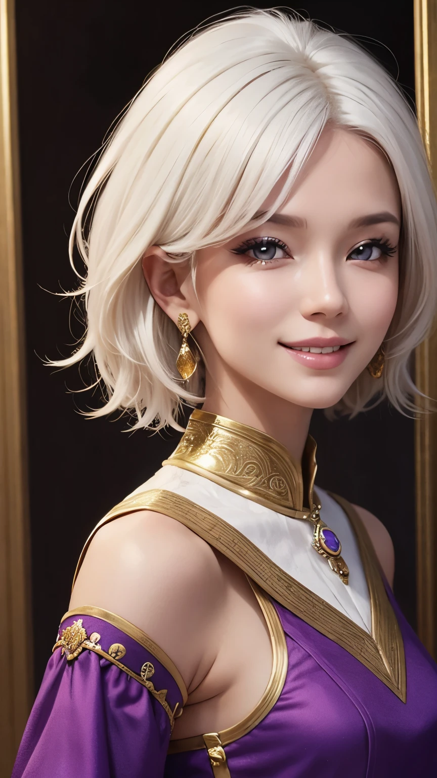 ((A beauty cleric with short white hair)), big smiling, [[Circle earings]], Purple and golden clothes color, Facing at the viewer, (Half body photoshoot, Detailed eyes, Light Makeup, Masterpiece)