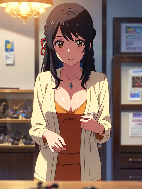 shinkai makoto, kimi no na wa., 1girl, bangs, black hair, brown eyes, Twisted Half Up, red ribbon, long hair, long sleeve light yellow cardigan, open shirt, yellow shirt, cleavage, breast, medium breast, Orange shirt, name tag written "LUMINE Miyamizu", looking at the viewer, indoors, jewelry products, jewelry shop, jewelry saleswoman, indoors, mall, masterpiece, perfect anatomy, cowboyshot, {POV viewer's hand grab girl's chest)}