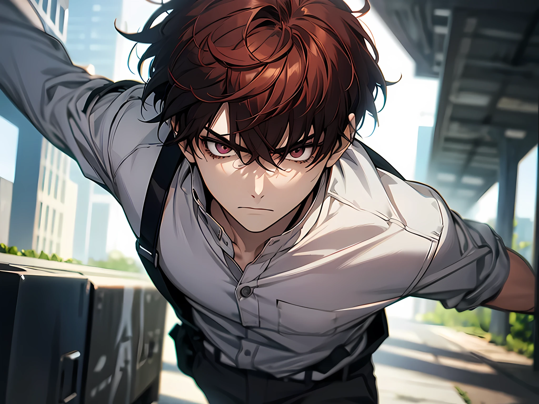 1 boy, wearing white shirt, red hair, black hair, short hair, angry facial expression, fighting pose, standing, face to detail, detailed eyes, the background is school yard, full-body illustration