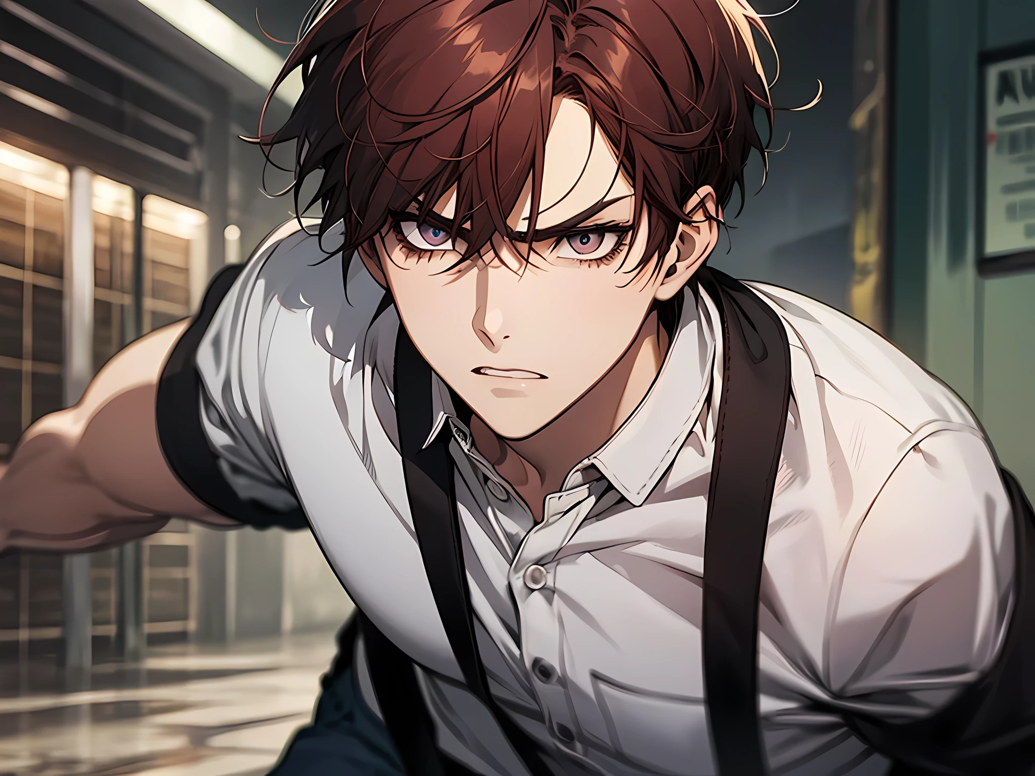 1 boy, wearing white shirt, red hair, black hair, short hair, angry facial expression, fighting pose, standing, face to detail, detailed eyes, the background is school yard, full-body illustration