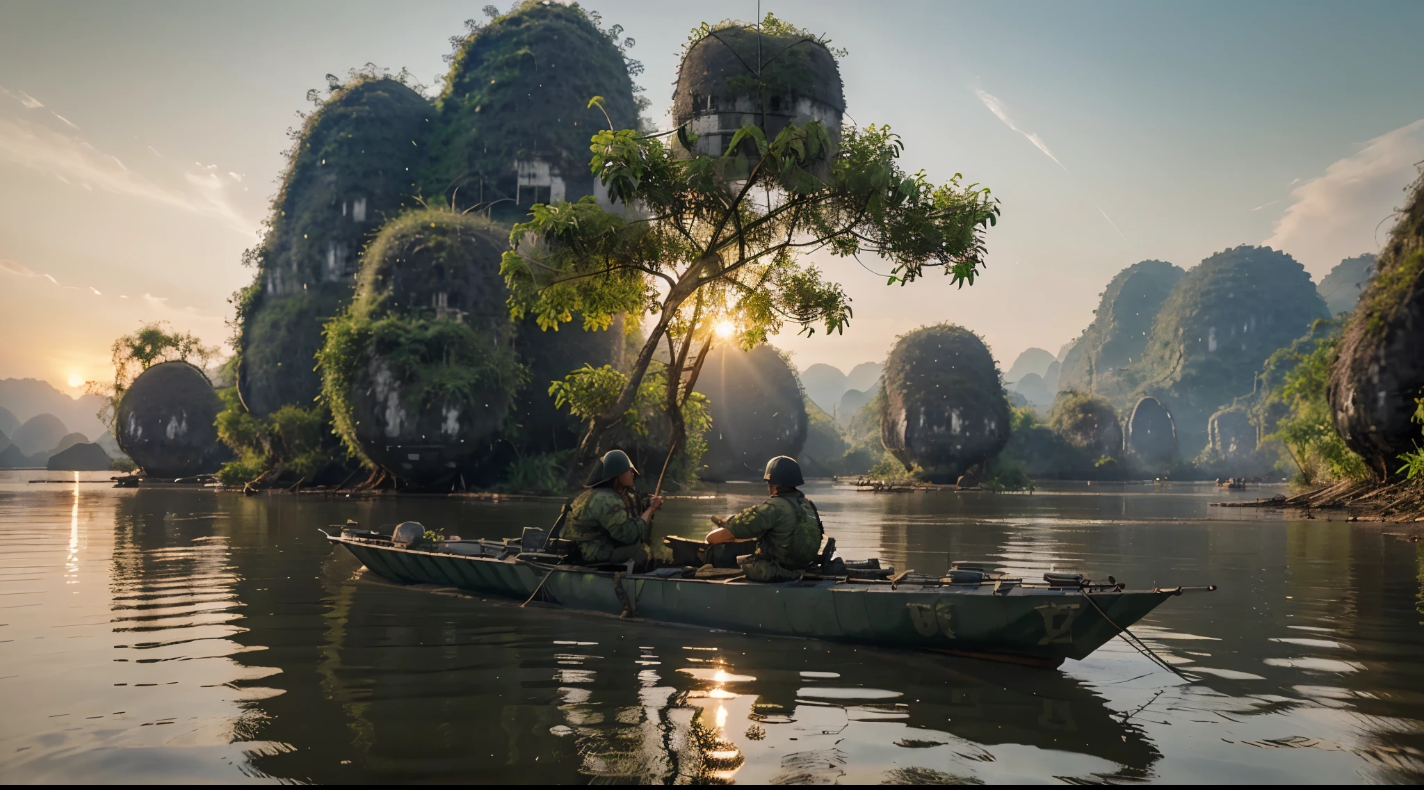 Mekong River, in the jungle of Vietnam, (Vietnam war:1.4), at sunrise, with realistic textures, ultra hd, realistic, vivid colours, high detail, perfect composition, from below, beautiful detailed complex insanely detailed octane render, artstation trend, 8k art photography, photorealistic concept art, soft natural volumetric cinematic perfect light