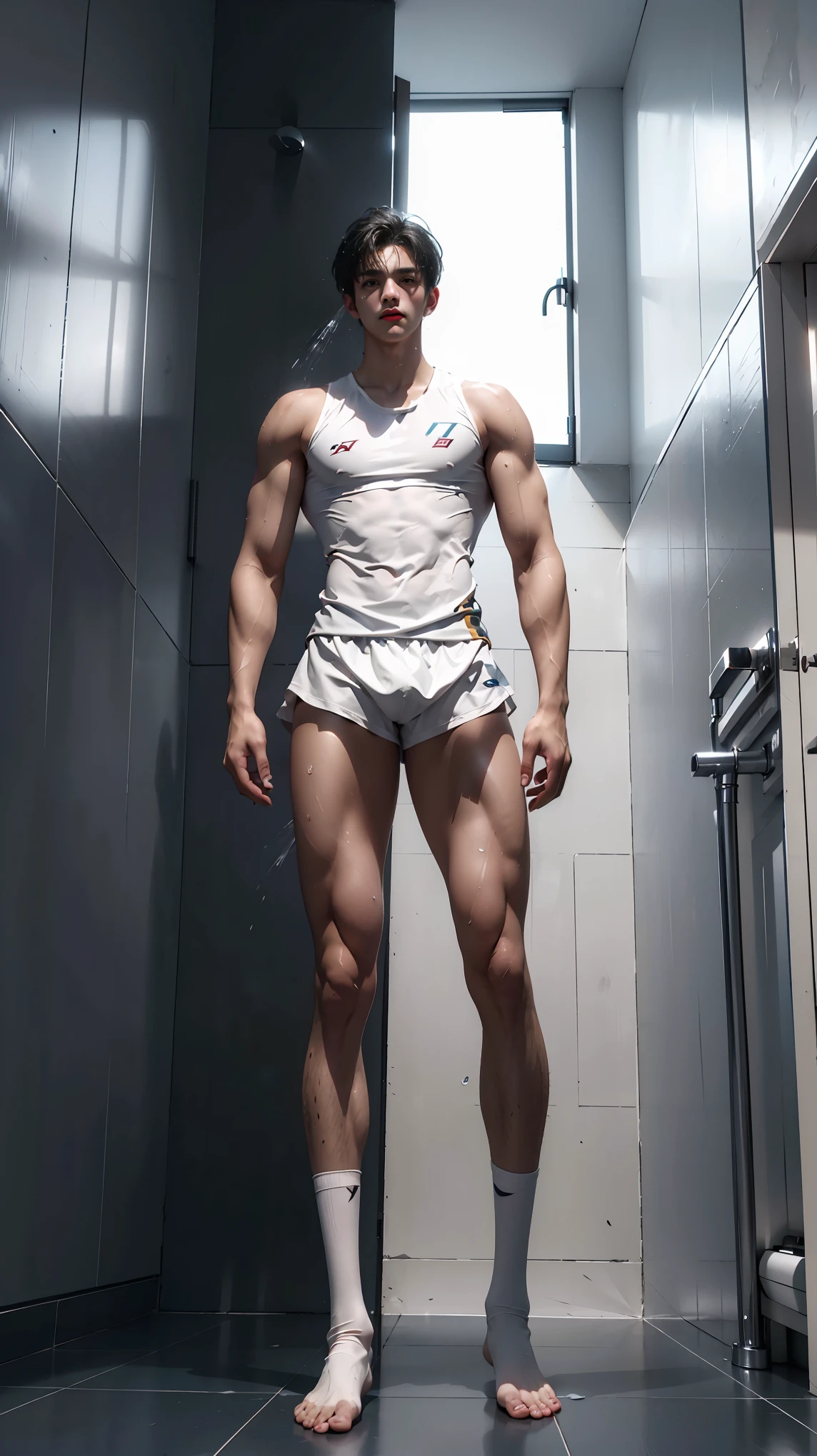 Two dimensions，18 year old boy takes a shower in the bathroom，tall，front shot，super tall guy，broad shoulders，（muscular），bodybuilding，sports student，Leg length,perfect body proportions，2m height，boys tight competitive swimsuit，white socks，gradient color，black hair，The face is delicate and delicate，Perfect facial features blush，happy，8k realistic style，A person takes a shower in the bathroom，Bubbles，masterpiece，best quality，Ray tracing