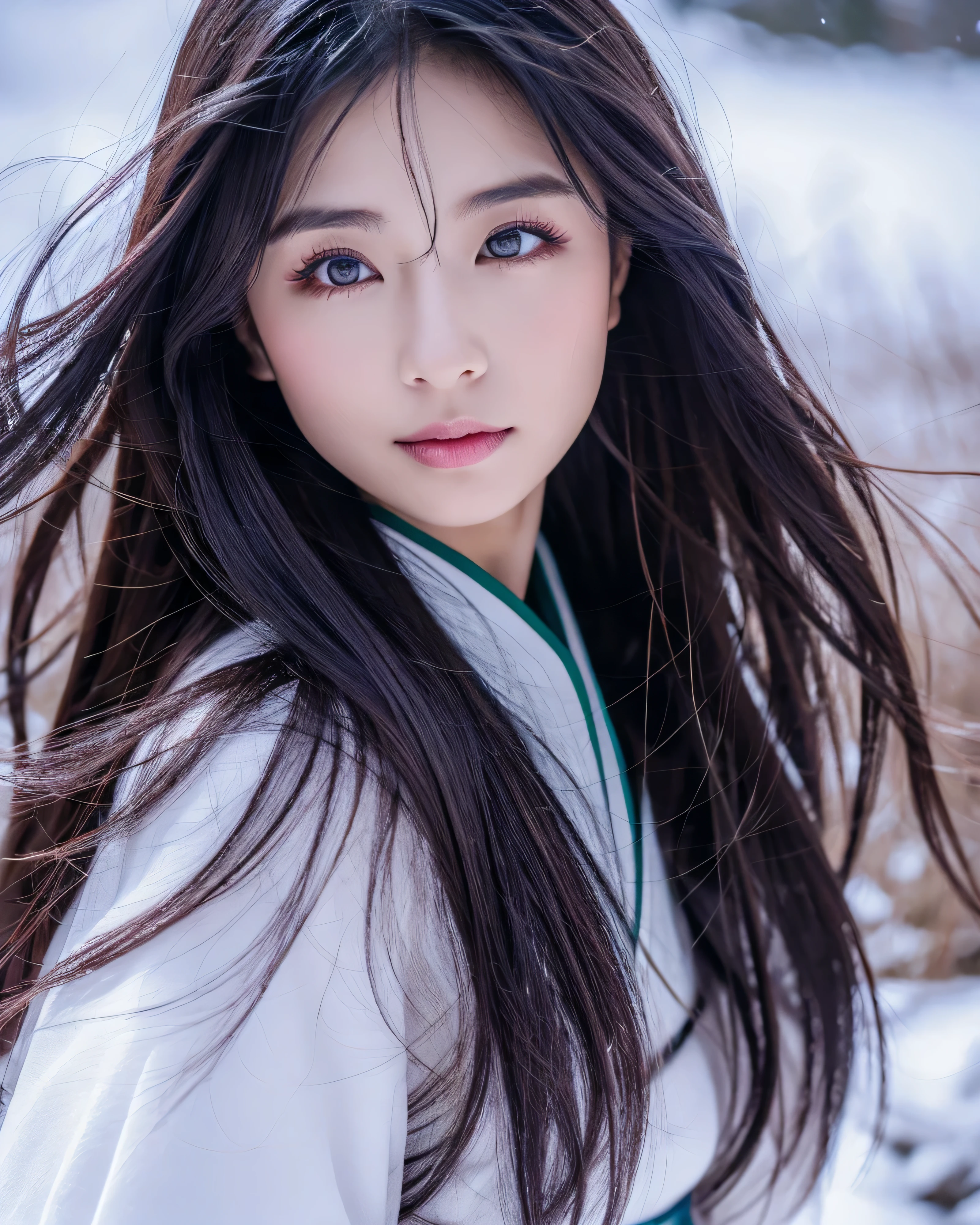 日本の美new女性　Snowy mountains in a blizzard　Detailed dark hair with intricate colors　long straight hair　hair blowing in the wind　big magic eyes　natural makeup　god々new　優new微笑み　purple shrine maiden uniform　professional lighting　professional photographer