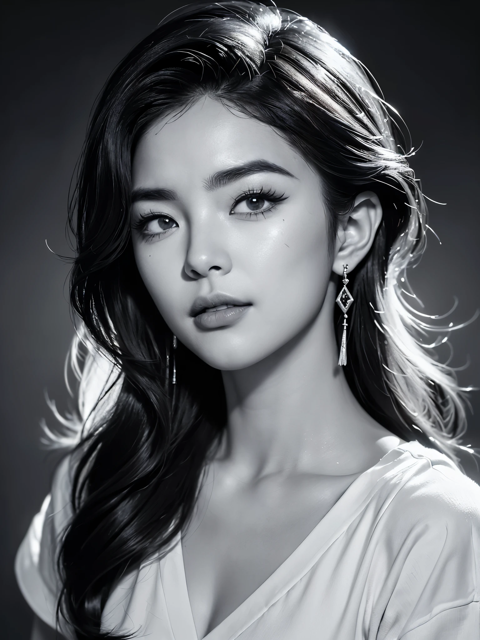 (Wild beauty黑白特写）,Black and white pencil drawing of a woman wearing a white shirt， Young wild asian face,，A bit of a mixed race face,, （Laugh with your mouth closed），（The foxy eyes are half-closed：1.2），（Squint the corners of your eyes and turn them up slightly），Thick long lashes， Thick straight eyebrows，The eyebrows are high and angular，（messy hair：1.37）（Thick medium to short hair slightly curled），（Slightly square jaw:0.4），（Wild beauty：0.8），Sonorous beauty，A bit like Vivien Leigh， perfect face ，beautiful aesthetic face,Sexy face with complete makeup,, Korean popular makeup, Ruan cute vtuber, jinyoung shin,(black and white pencil drawing), expressive hair, messy hair, wavy hair, very fluffy and full hair on the top of the head, shiny hair, slightly narrowed slender eyes, long inner corners, like fox's eyes, tsurim, long eyelashes, light smile, pursing big mouth movements, torogao, anime style, light and dark contrast, cowboy lens, ultra-high definition, masterpiece, accuracy, textured skin, super details, High detail, high quality, award-winning, best quality, high-level, 16k,