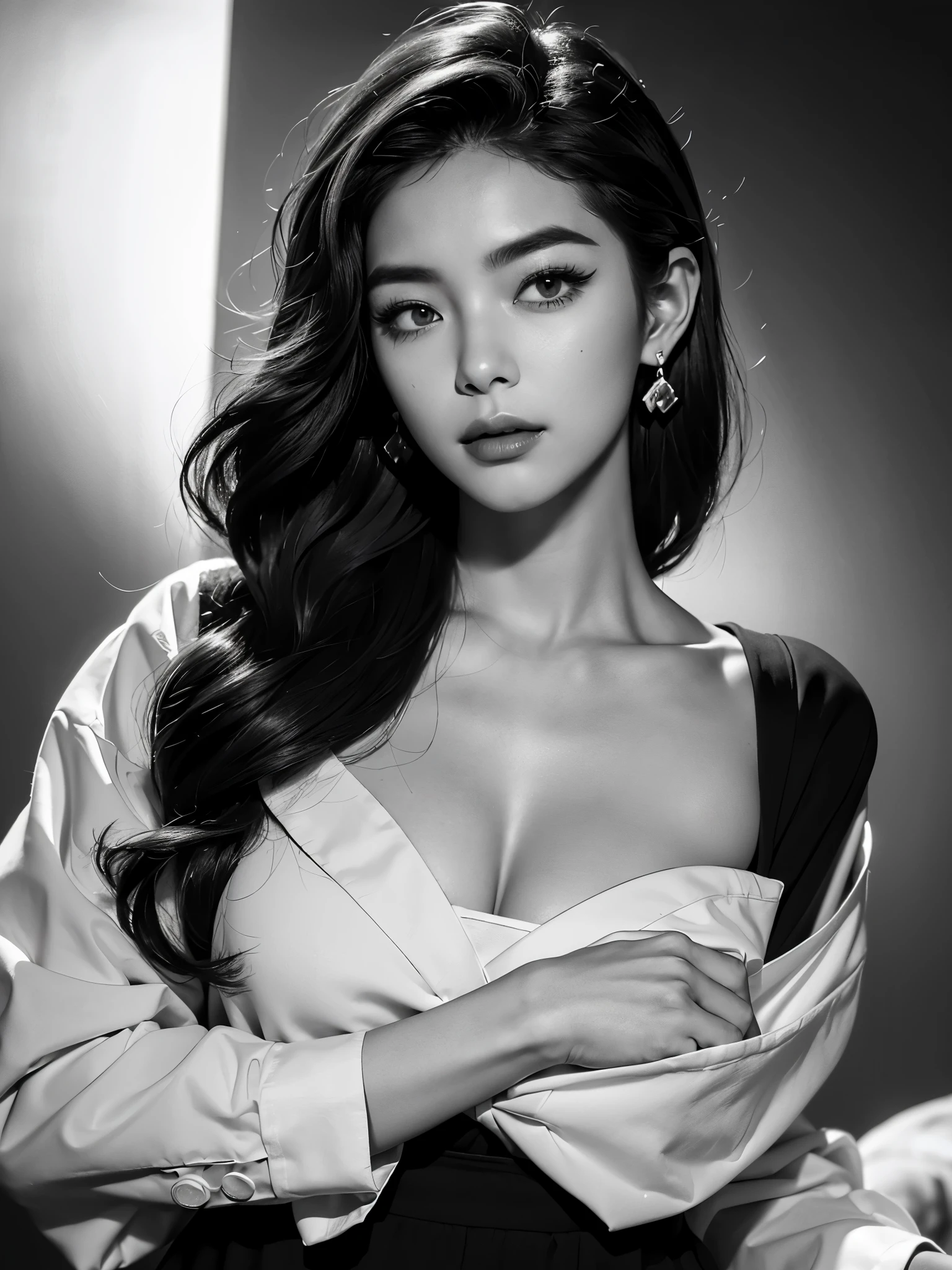 (Wild beauty黑白特写),Black and white pencil drawing of a woman wearing a white shirt, Young wild asian face,,A bit of a mixed race face,, (Laugh with your mouth closed),(The foxy eyes are half-closed:1.2),(Squint the corners of your eyes and turn them up slightly),Thick long lashes, Thick straight eyebrows,The eyebrows are high and angular,(messy hair:1.37)(Thick medium to short hair slightly curled),(Slightly square jaw:0.4),(Wild beauty:0.8),Sonorous beauty,A bit like Vivien Leigh, perfect face ,beautiful aesthetic face,Sexy face with complete makeup,, Korean popular makeup, Ruan cute vtuber, jinyoung shin,(black and white pencil drawing), expressive hair, messy hair, wavy hair, very fluffy and full hair on the top of the head, shiny hair, slightly narrowed slender eyes, long inner corners, like fox's eyes, tsurim, long eyelashes, light smile, pursing big mouth movements, torogao, anime style, light and dark contrast, cowboy lens, ultra-high definition, masterpiece, accuracy, textured skin, super details, High detail, high quality, award-winning, best quality, high-level, 16k,