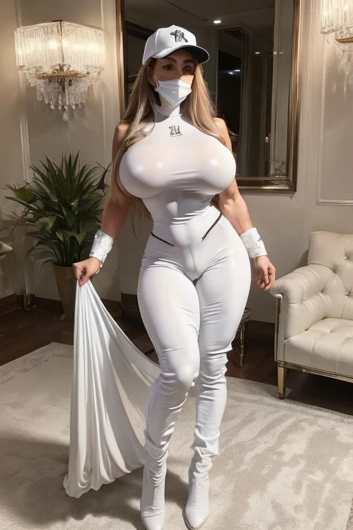 masterpiece, high quality, best quality, beautiful, hd, realistic, perfect lighting, detailed face, detailed body, a 45 year old sexy arab woman, bodybuilder in white body suit, white ninja face mask covering mouth, baseball cap, big muscle and big thighs, standing in a modern penthouse apartment, leather boots, (full body shot)