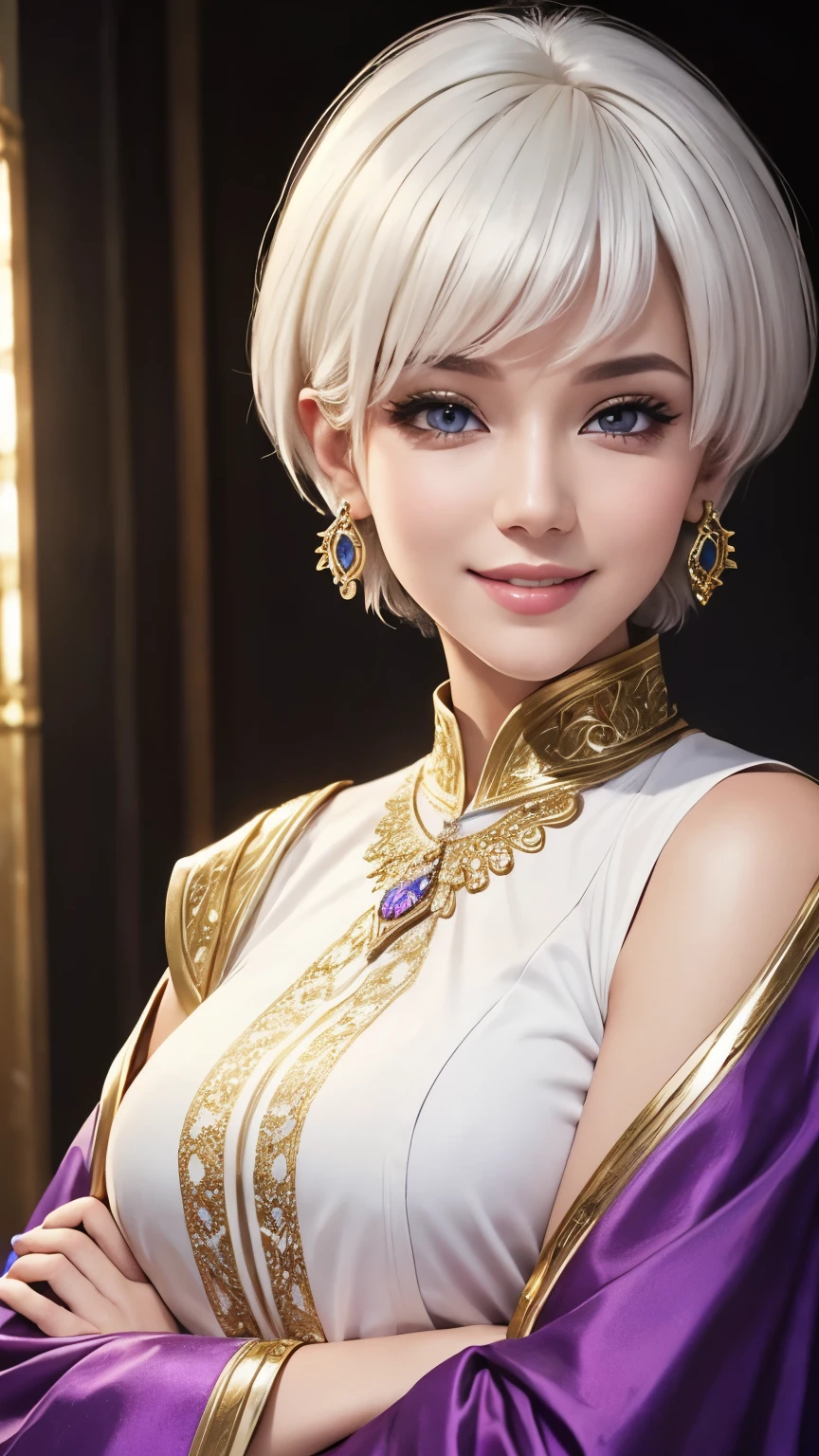 ((A beauty cleric with short white hair)), big smiling, [[Big earings]], Purple and golden clothes color, Facing at the viewer, (Half body photoshoot, Detailed eyes, Light Makeup, Masterpiece)