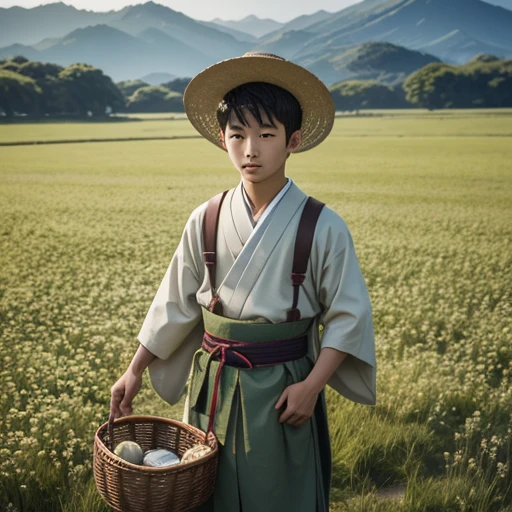  High resolution, Super detailed, masterpiece, highest quality,oriental、thrift、boy working in the field、grassland、basket bag、Wearing traditional Japanese costumes、ancient japanese hairstyle、solo、