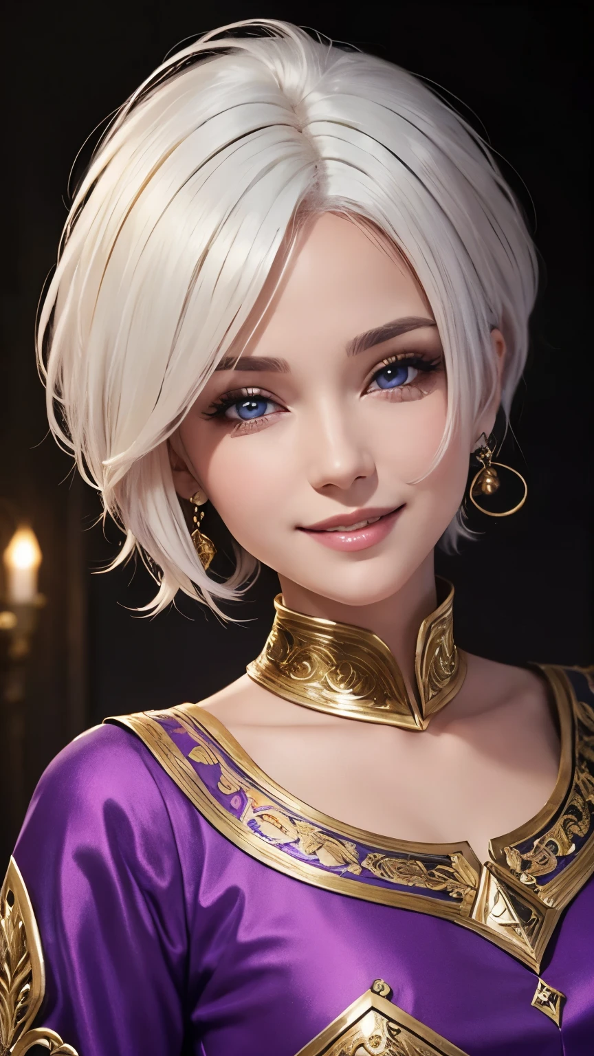 ((A beauty cleric with short white hair)), big smiling, [[Big earings]], Purple and golden clothes color, Facing at the viewer, (Half body photoshoot, Detailed eyes, Light Makeup, Masterpiece)