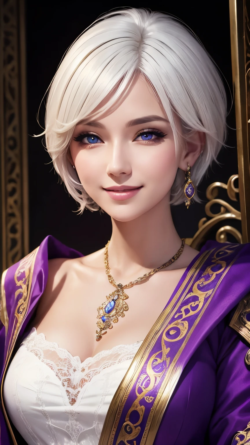 ((A beauty cleric with short white hair)), big smiling, (((Closed eyes))), Purple and golden clothes color, Facing at the viewer, (Half body photoshoot, Detailed eyes, Light Makeup, Masterpiece)