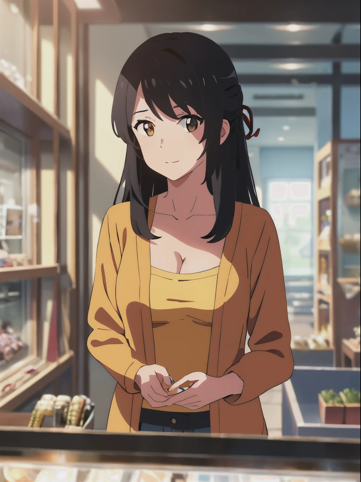 shinkai makoto, kimi no na wa., 1girl, bangs, black hair, brown eyes, Twisted Half Up, red ribbon, long hair, long sleeve light yellow cardigan, open shirt, yellow shirt, cleavage, breast, medium breast, Orange shirt, name tag written "LUMINE Miyamizu", looking at the viewer, indoors, jewelry products, jewelry shop, jewelry saleswoman, indoors, mall, masterpiece, perfect anatomy, cowboyshot, {POV viewer's hand grab girl's chest)}