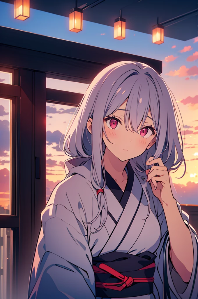 woman, grey kimono, purple clouds, long grey hair, red glowing eyes, wearing blindfold