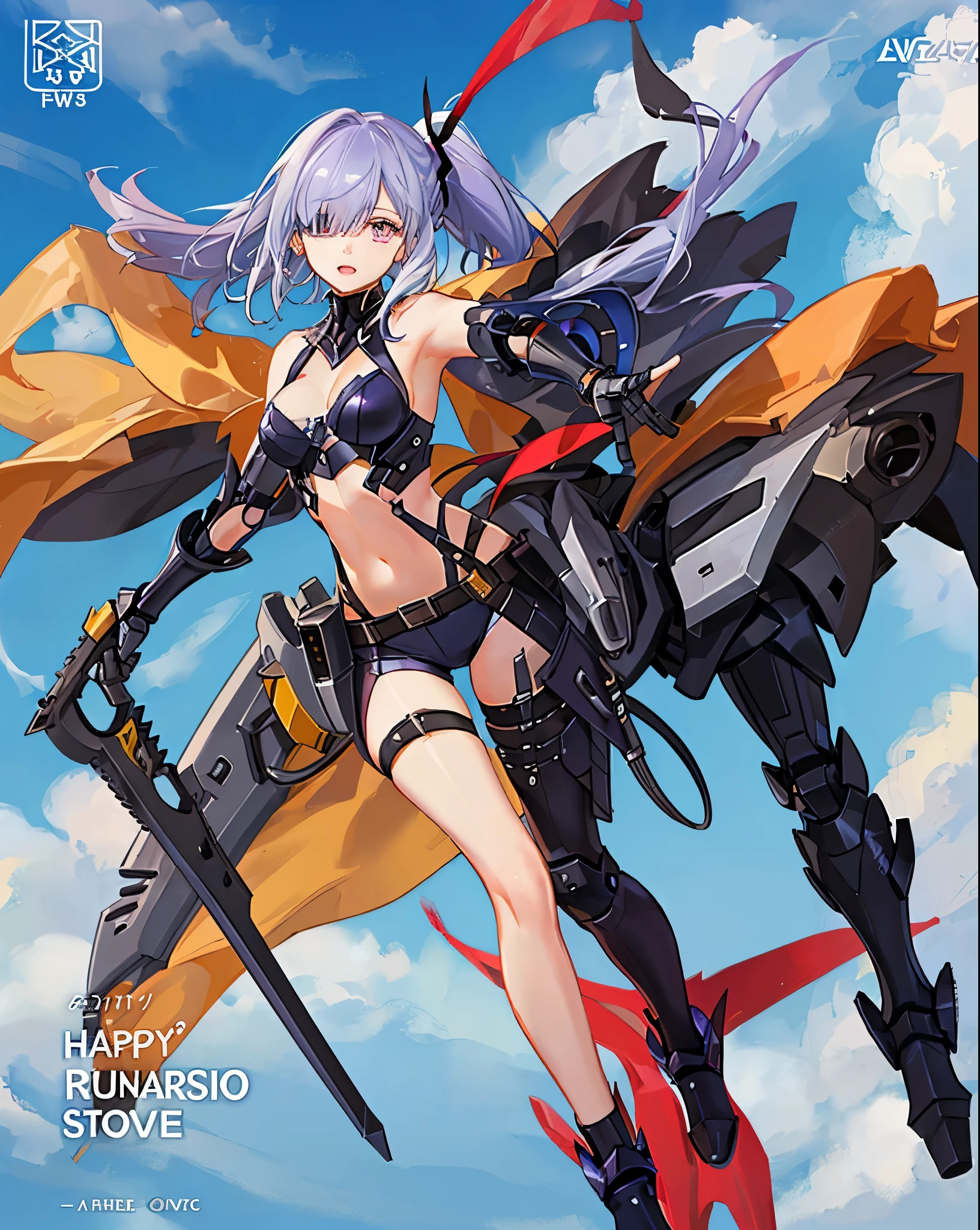 ,1figure_girl,(:1.5), (short_ponytail:1.3), (light_whitish_purple_hair:1.3),black_mechanical_armor_parts,white_breasts_parts_red_black_body_suit,bare_shoulder,bare_slender_thighs,medium_breasts,on_the_desk, desk_background,Stinging_eyes,(half_pupil:1.5),sleepy,thighhigh_greaves,gauntlets,dynamic_posing,bare_frank,metal_red_parts_armor,red_eye,
fists,hold_weapon,glare,navel,large_mechanical_parts,happy,waist_armor,open_mouth,rise_legs,apart_legs, (covered_navel:1.3),(very_long_bangs:1.3), (hair_over_one_eye:1.5),(long_bang_covers_right_half_of_face:1.5),
(covered_pussy:1.1),covered_breasts,armpits,