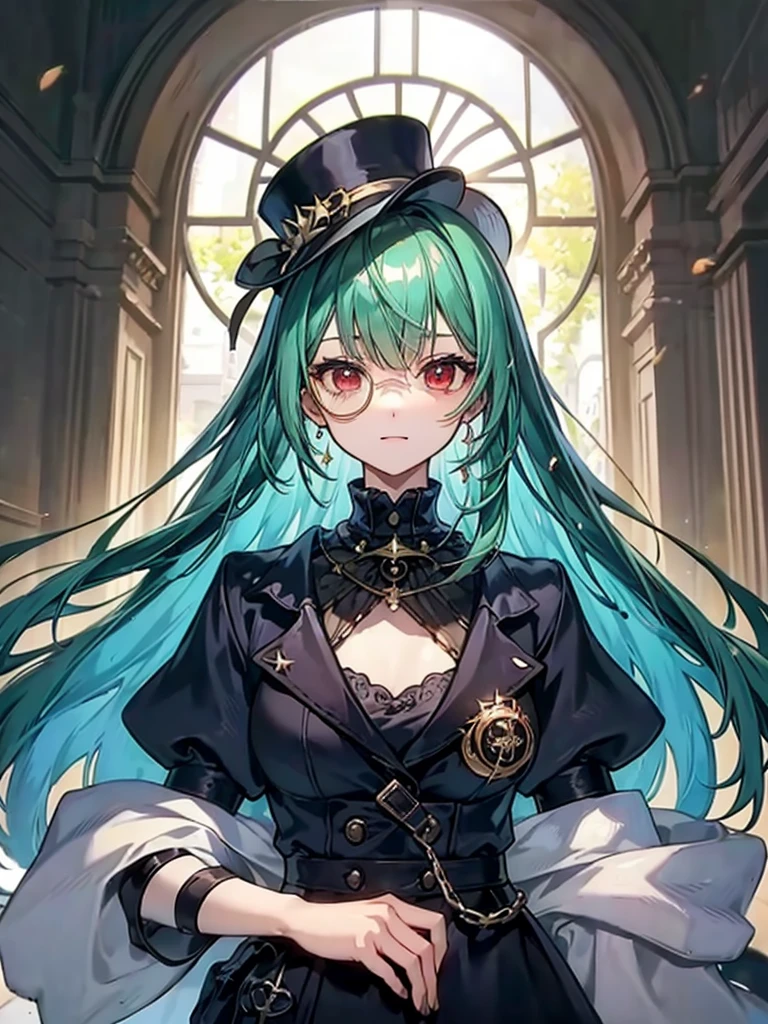 (((masterpiece、Highest image quality、highest quality、highly detailed unity 8kwallpaper)))、((Illustration of one girl、upper body))、(((beautiful girl)))、(librarian)、(Emerald green hair、sidelocks:1.2、red eyes)、(((crazy smile)))、(((flat chest)))、(monocle)、pocket watch、(((Black top hat、Black tuxedo)))、great medieval library