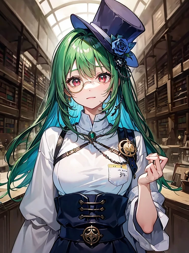 (((masterpiece、Highest image quality、highest quality、highly detailed unity 8kwallpaper)))、((Illustration of one girl、upper body))、(((beautiful girl)))、(librarian)、(Emerald green hair、sidelocks:1.2、red eyes)、(((crazy smile)))、(((flat chest)))、(monocle)、pocket watch、(((Black top hat、Black tuxedo)))、great medieval library