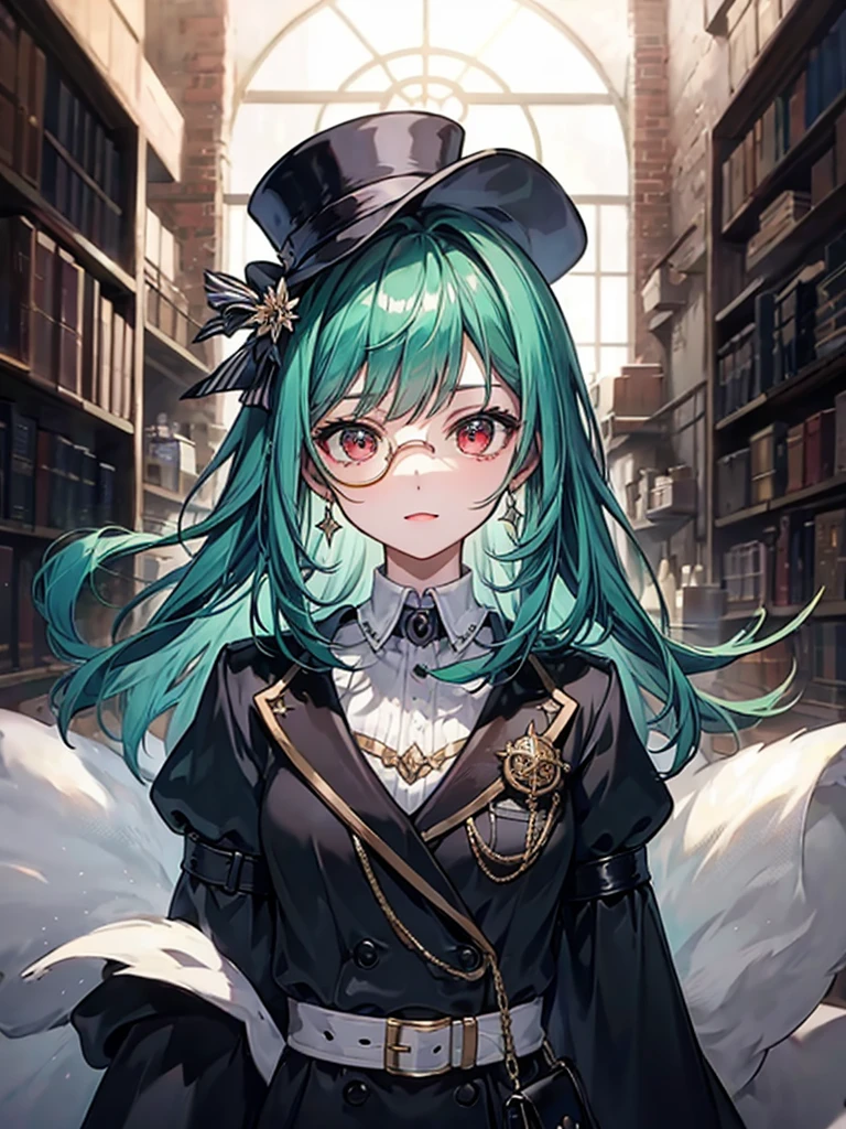 （（（masterpiece、Highest image quality、highest quality、highly detailed unity 8ｋwallpaper）））、（（Illustration of one girl、upper body））、（（（beautiful girl）））、（librarian）、（Emerald green hair、sidelocks：1.2、red eyes）、（（（crazy smile）））、（（（flat chest）））、（monocle）、pocket watch、（（（Black top hat、Black tuxedo）））、great medieval library