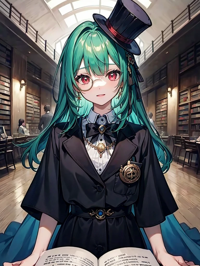 （（（masterpiece、Highest image quality、highest quality、highly detailed unity 8ｋwallpaper）））、（（Illustration of one girl、upper body））、（（（beautiful girl）））、（librarian）、（Emerald green hair、sidelocks：1.2、red eyes）、（（（crazy smile）））、（（（flat chest）））、（monocle）、pocket watch、（（（Black top hat、Black tuxedo）））、great medieval library