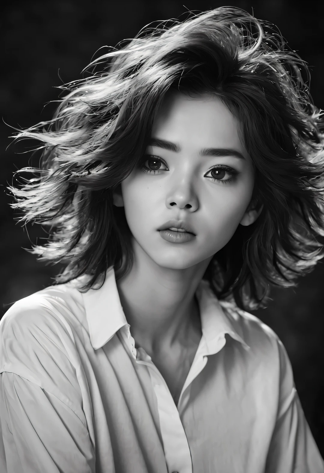 ,(wild beauty特写),Black and white pencil drawing一个穿着白衬衫、woman smoking a cigarette, young wild asian face,,A bit of a mixed race face,, (big mouth,Slightly convex corners of mouth),(Fox-like eyes half closed:1.2),(Squint your eyes and turn them upward slightly),Eyelashes are thick and long, thick straight eyebrows,Eyebrows are high and angular,(Thick medium short hair slightly curly),Slightly square jaw,wild beauty,Sonorous beauty,A bit like Vivien Leigh, perfect face ,beautiful aesthetic face,Sexy face with complete makeup,, Korean popular makeup, Ruan cute vtuber, jinyoung shin,(Black and white pencil drawing), expressive hair, messy hair, curls, The hair on the top of the head is very fluffy and full, shiny hair, Slightly narrowed slender eyes, Long internal angle, like fox eyes, Churim, long eyelashes, faint smile, 撅起big mouth的动作, torogao, anime style, chiaroscuro, denim lenses, ultra high definition, masterpiece, Accuracy, textured skin, Super details, high detail, high quality, Award-winning, best quality, Level, 16k,
