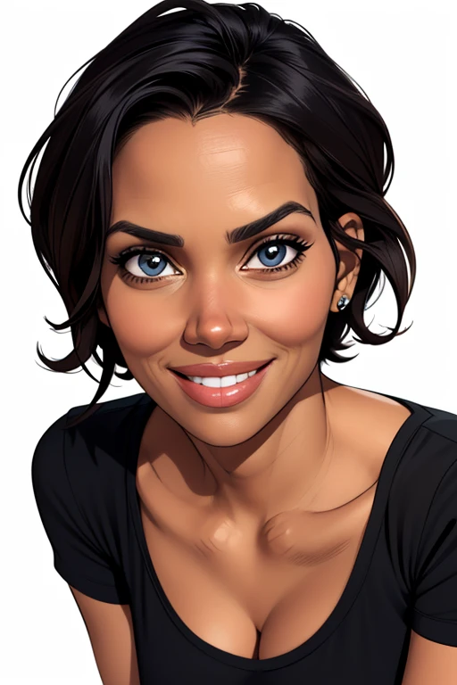 (cartoon style:1.2), Drawings of ([Halle Berry]), portrait, wearing black t-shirt, short skirts, smile, perfect eyes, detailed face, white background, fun posing, flirty look, Centered, scale to fit the dimensions