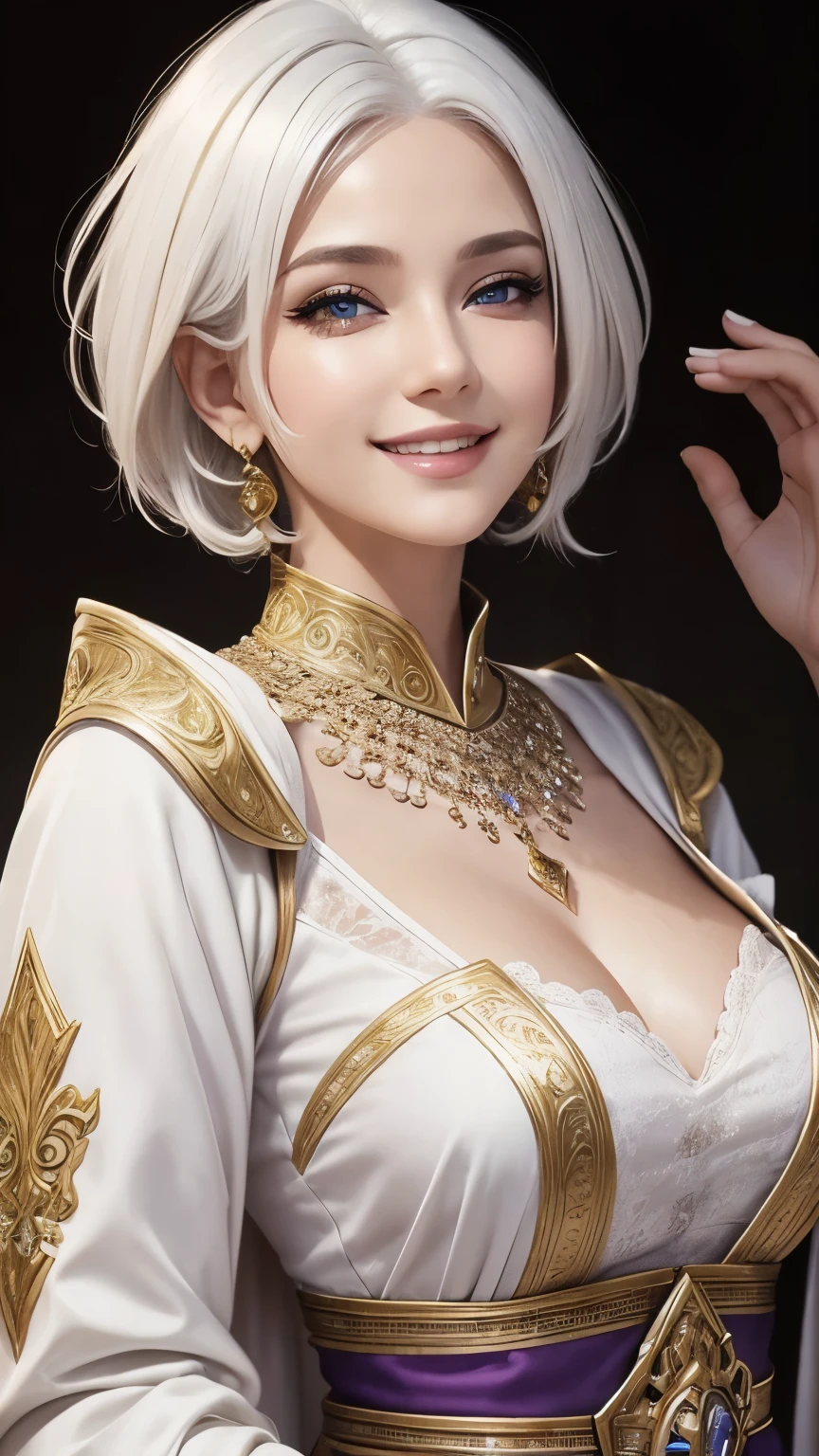 ((A beauty cleric with short white hair)), big smiling, [[Big earings]], Purple and golden clothes color, Facing at the viewer, (Half body photoshoot, Detailed eyes, Light Makeup, Masterpiece)