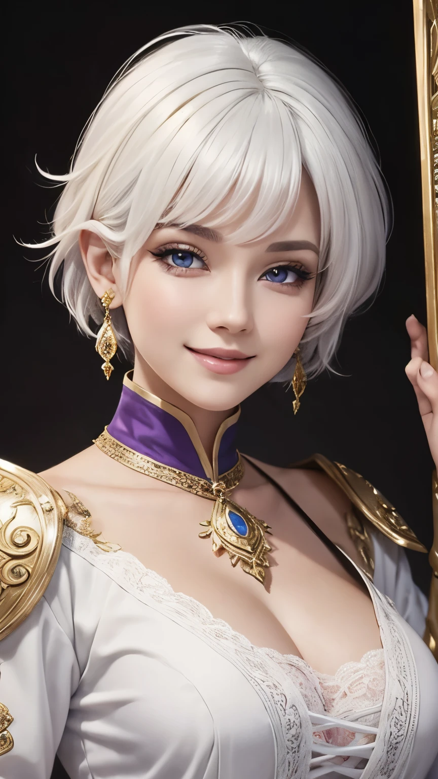 ((A beauty cleric with short white hair)), big smiling, [[Big earings]], Purple and golden clothes color, Facing at the viewer, (Half body photoshoot, Detailed eyes, Light Makeup, Masterpiece)