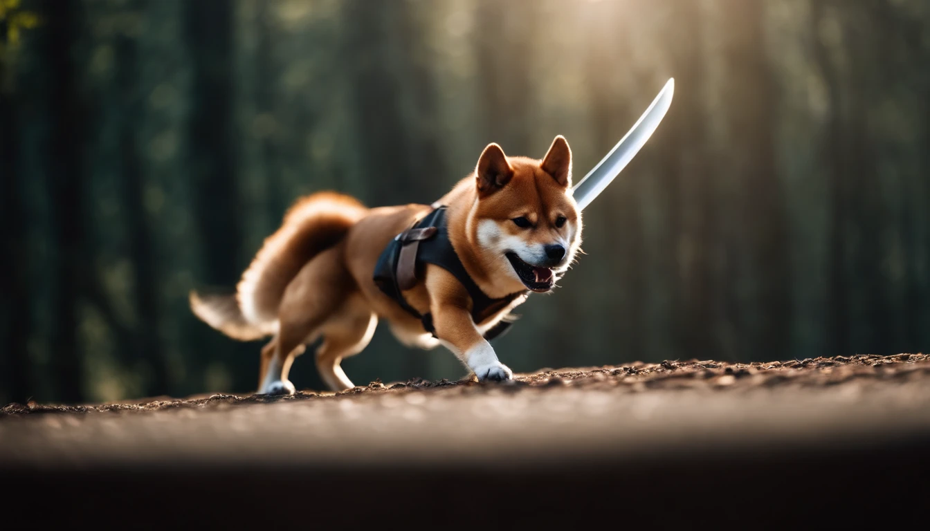 Angry brown ninja shiba inu in attack pose、a very big demon、fighting with a sword
