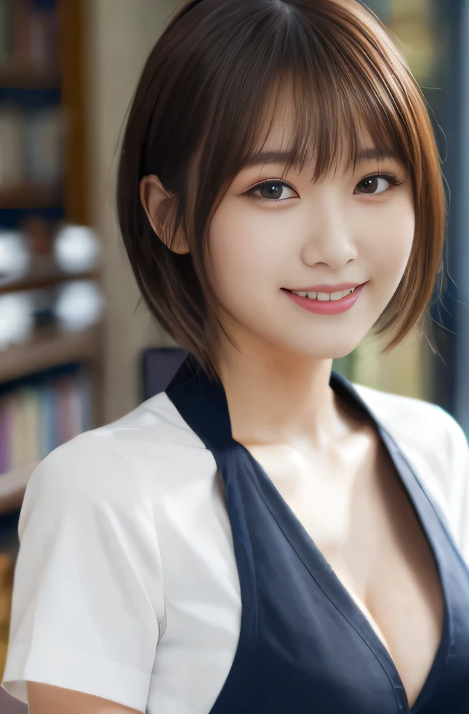 ((masutepiece)), ((Best Quality)), (Ultra-detailed), ((Extremely detailed)), 4K, (8K), Best Quality, (Beautiful), Gradation, (masutepiece, Best Quality:1.2), 8K, 18year old, 85 mm, Official art, Raw photo, absurderes, White dress shirts, Pretty Face, close up, Upper body, violaceaess, gardeniass, Beautiful Girl, School uniform, (Navy blue pleated skirt:1.1), Cinch West, thighs thighs thighs thighs, Short sleeve, short-hair、atlibrary, Looking at Viewer, No makeup, (Smile), Film grain, chromatic abberation, Sharp Focus, face lights, clear lighting, , Detailed face, Bokeh background, (dark red necktie:1.1)、medium breasts、blouse with unbuttoned chest, unbuttoned blouses on the chest, cleavage,cute smile,