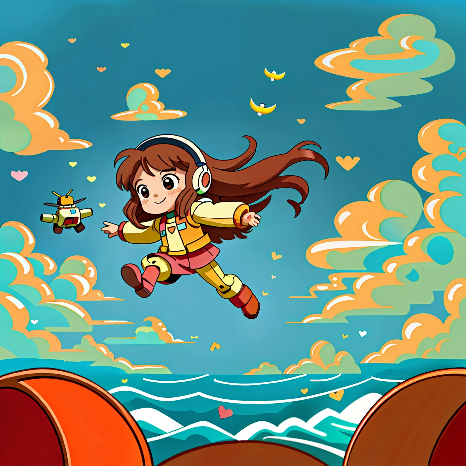 Girl with long brown hair，Put on the Gundam Robot Suit，hurdle race（high jump hurdles)（in the sea of clouds），（There is love）happy，Surrounded by love，Surrounded by love，O sign，vector，line art，design，inspiration，straight line，RHAD