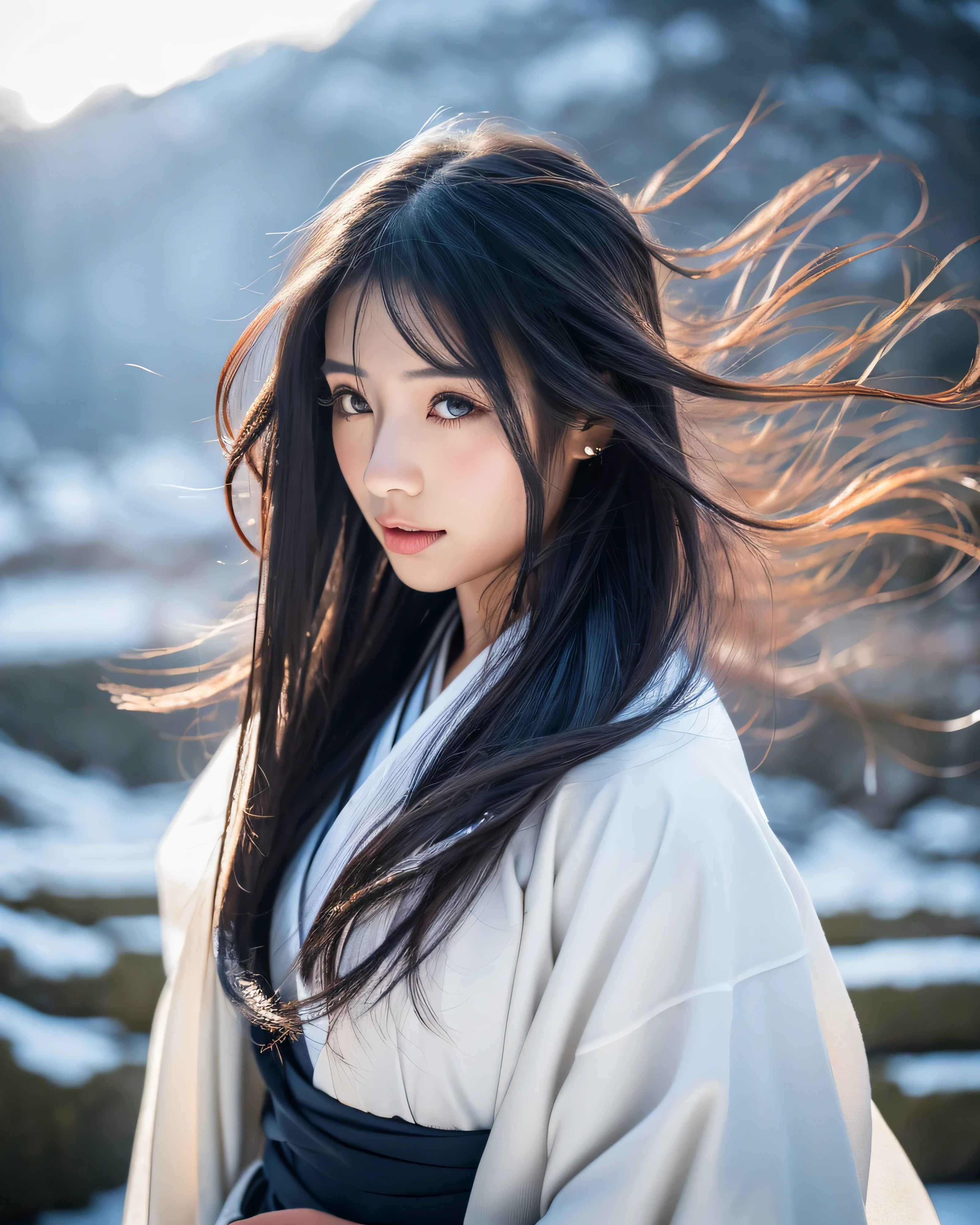 日本の美new女性 Snowy mountains in a blizzard Detailed dark hair with intricate colors long straight hair hair blowing in the wind big magic eyes natural makeup god々new 優new微笑み white kimono white obi thin 正new姿勢 professional lighting professional photographer