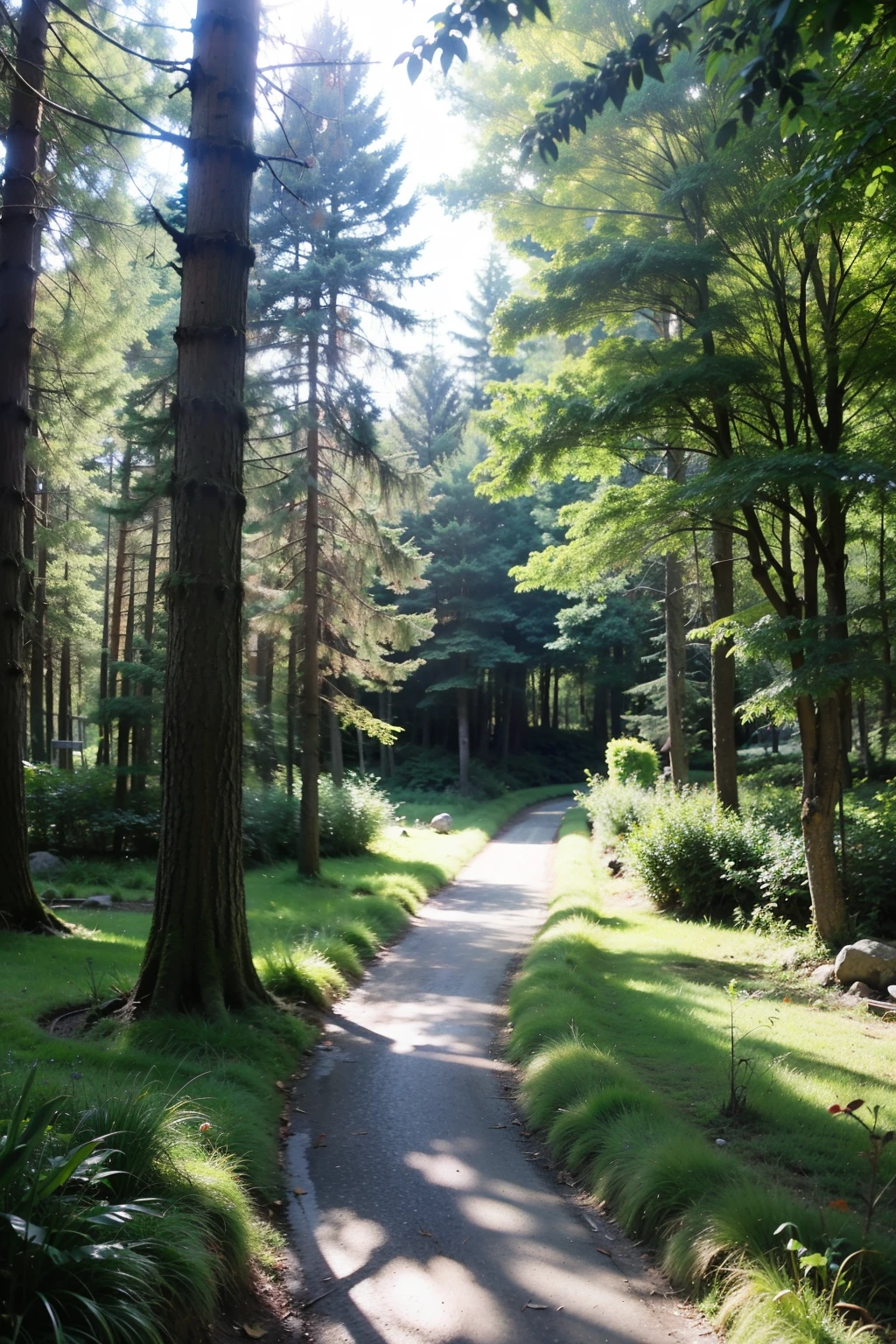 This photo was taken in a quiet forest，Sunlight shines on the ground through gaps in the leaves，Gives people a mysterious and quiet atmosphere。