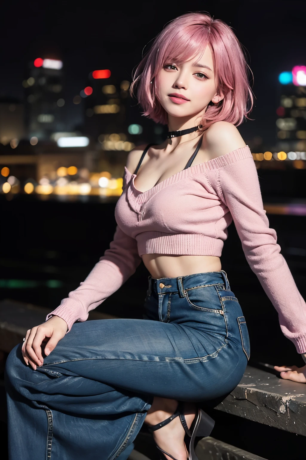 (8K, top-quality, masterpiece:1,2), (reallistic, Photorealsitic:1.37), Super Detail, One girl,), (Highly detailed), (beautifully detailed eyes), (of the highest quality), (super detailed ), (masterpiece), (Detailed face),20yr old, ,1 girl, ((pink hair,Very short hair)), medium breasts, clothed, Perfect Lighting, BREAK (bright cropped sweater:1.3), (high-waisted wide-leg pants:1.4), (ankle-strap high-heel sandals:1.3), (simple choker:1.2), (lace and mesh details:1.2), (back V-neck or cross design:1.2), (loose fit top:1.2), (curvy silhouette:1.3), BREAK bangs on left side, right ear exposed, fluffy hair, smiling, squinting eyes, no teeth, right hand on neck, left hand crossed on chest, looking at camera, urban night view, buildings, neon lights, dark colors, soft light on face, pink and white light, low shadows