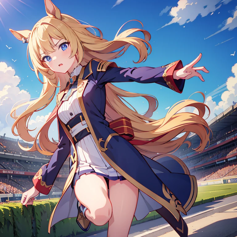 masterpiece, highest quality, very detailed, anime, girl, horse ears, blonde, young face, he is short, , very small breasts, long hair, umamusume, blue eyes,  Gorgeous purple and navy costume with lots of luxurious accessories, Turf Course, sprinting at full speed, serious expression, look ahead and glare, wave both hands back and forth, runner, Fierce racing,