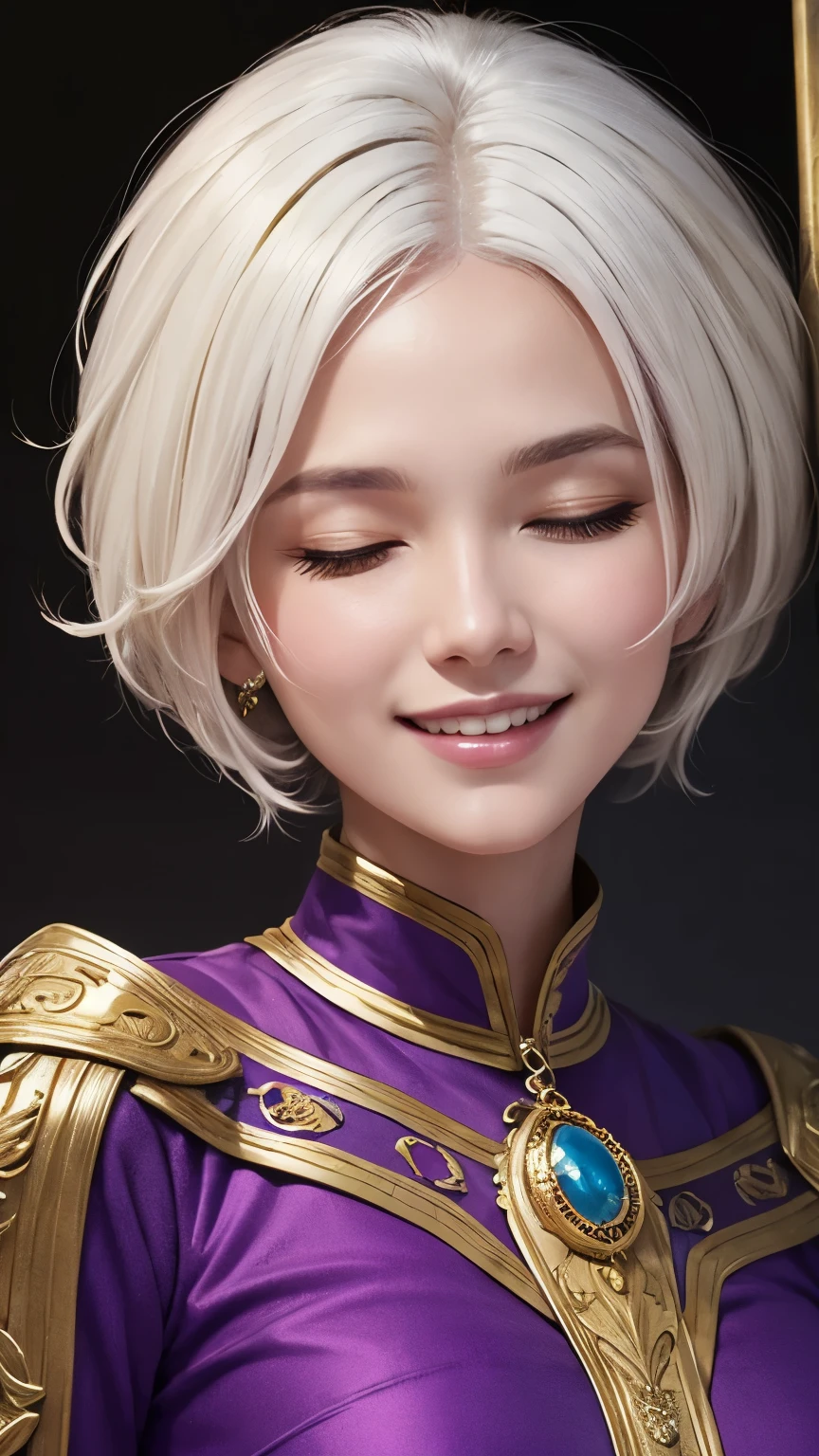 ((A beauty cleric with short white hair)), big smiling, (((Closed eyes))), Purple and golden clothes color, Facing at the viewer, (Half body photoshoot, Detailed eyes, Light Makeup, Masterpiece)