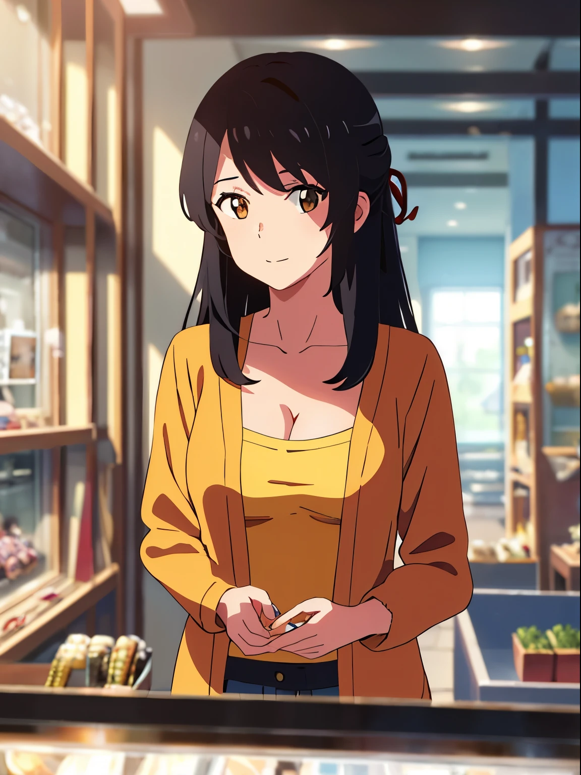 shinkai makoto, kimi no na wa., 1girl, bangs, black hair, brown eyes, Twisted Half Up, red ribbon, long hair, long sleeve light yellow cardigan, open shirt, yellow shirt, cleavage, breast, medium breast, Orange shirt, name tag written "LUMINE Miyamizu", looking at the viewer, indoors, jewelry products, jewelry shop, jewelry saleswoman, indoors, mall, masterpiece, perfect anatomy, cowboyshot, {POV viewer's hand grab girl's chest)}