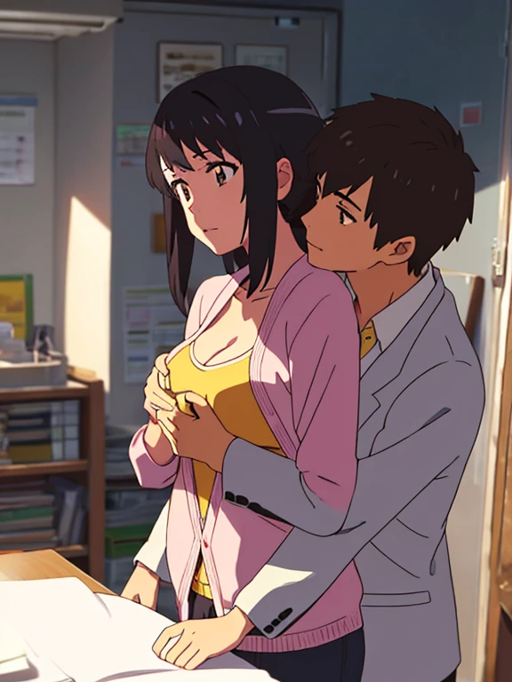 shinkai makoto, kimi no na wa., 1boy, buzzcut,office suit, boy caressing girl's body, sexual harassment, passionate hug, 1girl, bangs, black hair, brown eyes, Twisted Half Up, red ribbon, long hair, long sleeve light pink cardigan, open shirt, yellow shirt, cleavage, breast, medium breast, storage room, indoors, masterpiece, perfect anatomy, cowboyshot