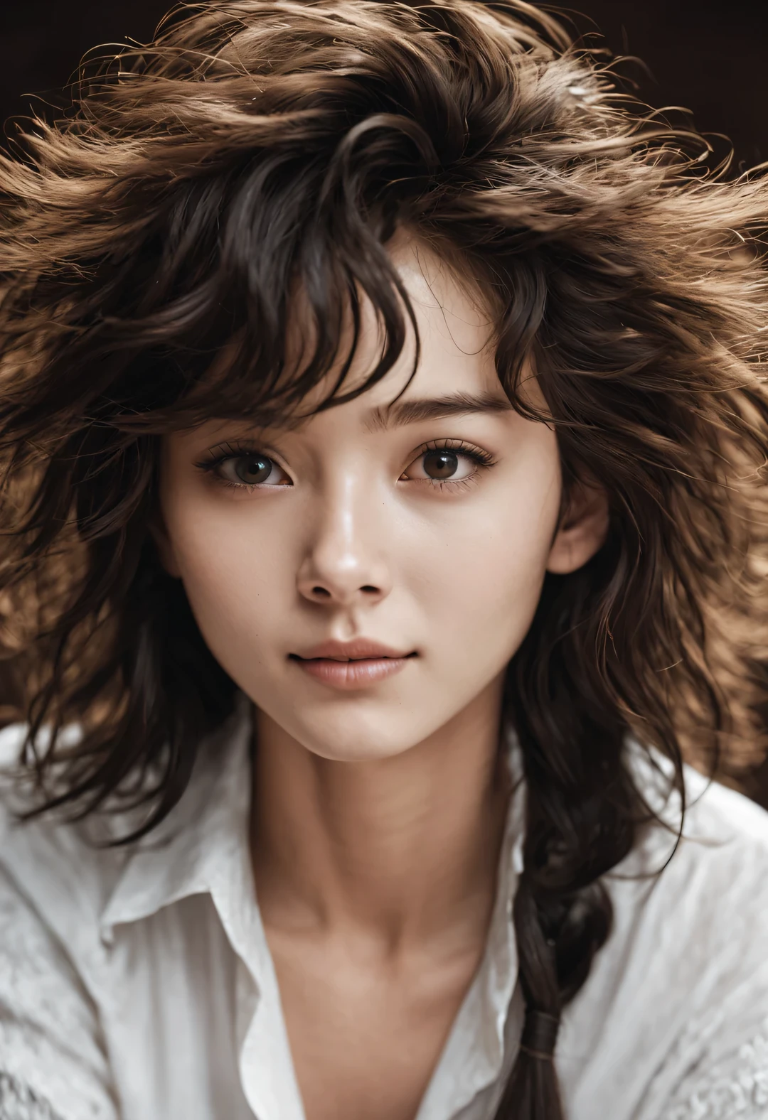 (Black and white closeup of a wild beautiful girl wearing a white shirt），messy, fluffy, thick curly medium length hair，（Elongated small eyes：1.30），A bit of a mixed race face， young wild asian face,（Laugh with your mouth closed：0.90），Slightly narrowed slender eyes， thick bushy eyebrows，Eyebrows are high and angular，straight nose bridge，（Slightly square jaw:0.65），（The nose is high and straight），Lazy expression，A bit like Vivien Leigh， perfect face ，skin is smooth and fair，perfect face ，beautiful aesthetic face,Sexy face with complete makeup,, Korean popular makeup, Ruan cute vtuber, jinyoung shin,(Black and white pencil drawing), expressive hair, messy头发, curls, very fluffy and full hair on the top of the head, shiny hair, Slightly narrowed slender eyes, Long internal angle, like fox eyes, Churim, long eyelashes, faint smile, The action of pouting a big mouth, torogao, anime style, chiaroscuro, denim lenses, ultra high definition, masterpiece, Accuracy, textured skin, Super details, high detail, high quality, Award-winning, best quality, Level, 16k,