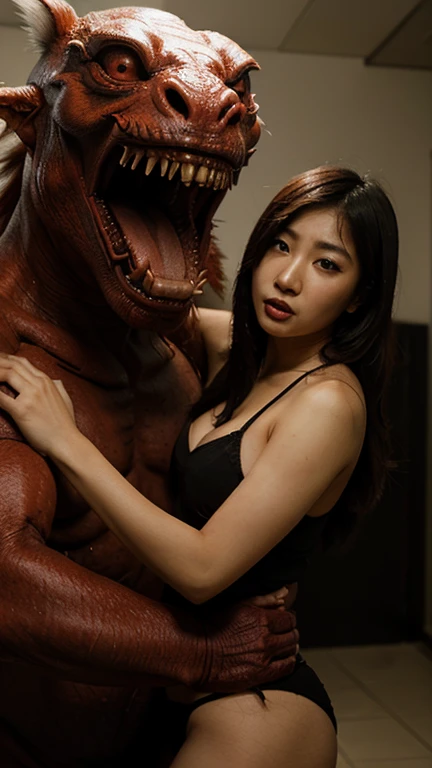 A beautiful asian female hugged by a scary monster, the female look scared