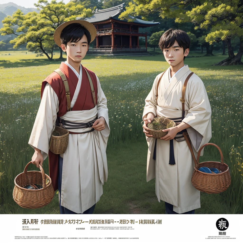 High resolution, Super detailed, masterpiece, highest quality,oriental、thrift、boy working in the field、grassland、basket bag、Wearing traditional Japanese costumes、ancient japanese hairstyle、game poster、solo、