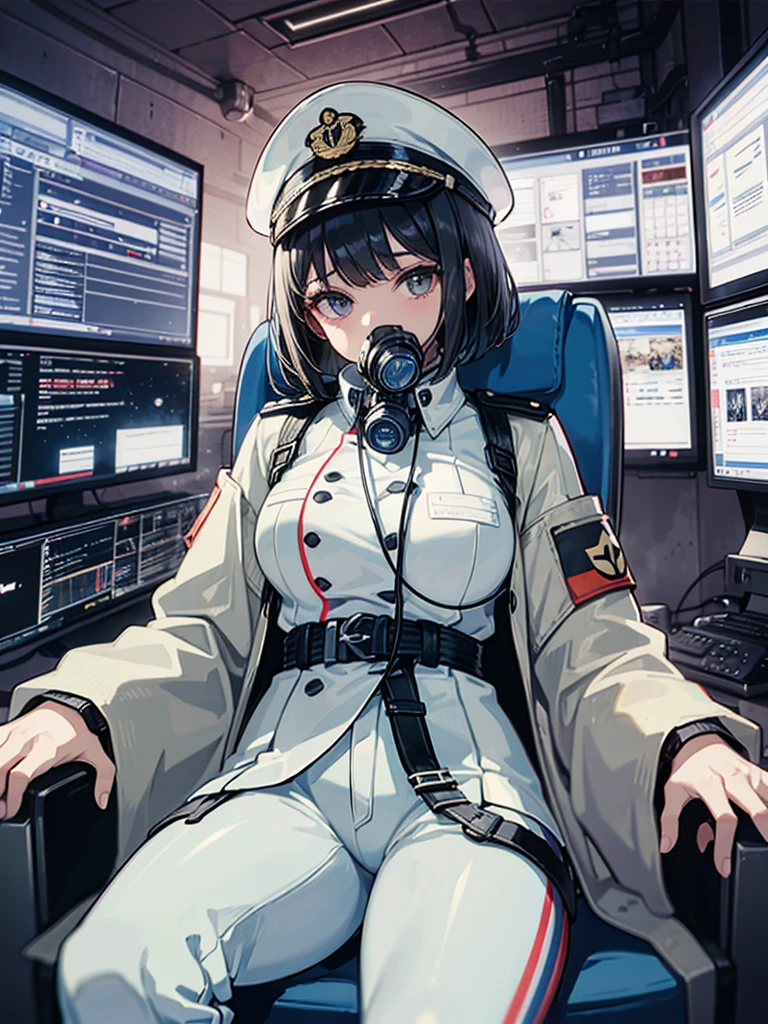 （（（masterpiece、Highest image quality、highest quality、highly detailed unity 8ｋwallpaper）））、（Illustration of one woman）、30 years old、（Viceroy）、（（Black hair bob cut））、（（（Gas mask covering the mouth）））、gray eyes、（（tall、big breasts））、（（Military uniforms））、（（Military Cap））、（（military coat））、（white clothes）、（white pants）、（white hat）、trench coat、（（（Sitting in the captain's seat）））、（（（Inside a futuristic spaceship、Surrounded by instruments and monitors、The Universe on the Monitor、Earth seen from space）））