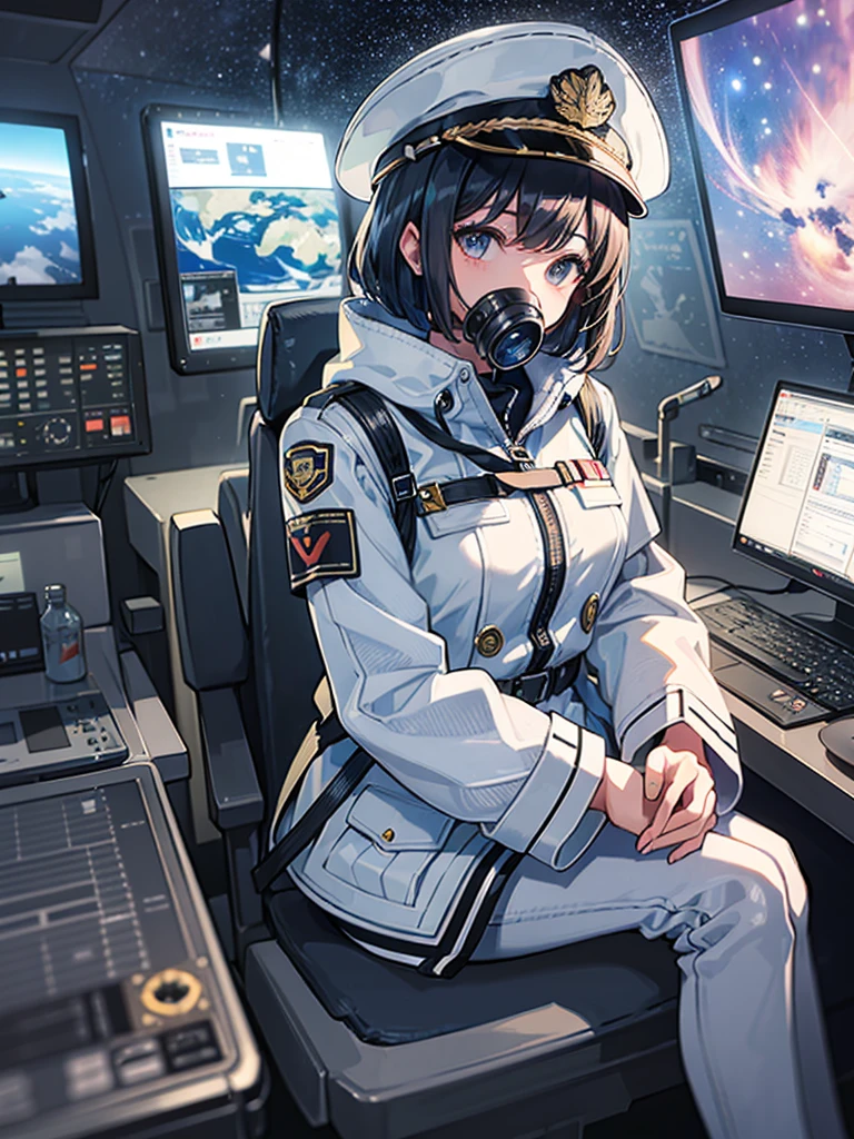 (((masterpiece、Highest image quality、highest quality、highly detailed unity 8kwallpaper)))、(Illustration of one woman)、30 years old、(Viceroy)、((Black hair bob cut))、(((Gas mask covering the mouth)))、gray eyes、((tall、big breasts))、((Military uniforms))、((Military Cap))、((military coat))、(white clothes)、(white pants)、(white hat)、trench coat、(((Sitting in the captain's seat)))、(((Inside a futuristic spaceship、Surrounded by instruments and monitors、The Universe on the Monitor、Earth seen from space)))
