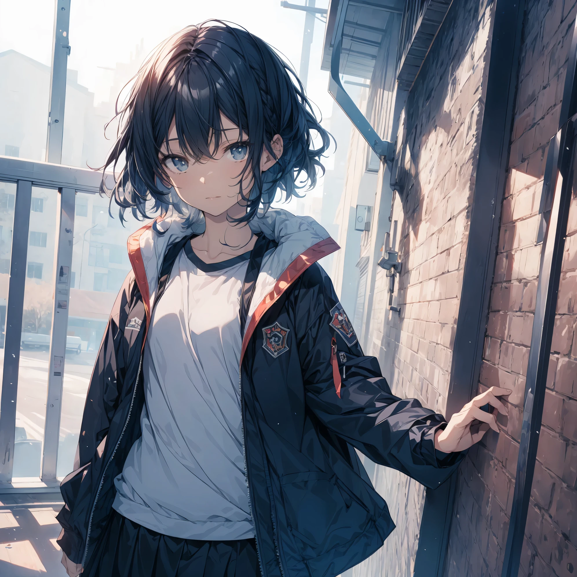 Super high quality by the art god, super detailed, High resolution,Kyoto animation style, anime moe art style, best anime 8K konachan wallpaper, pixiv contest winner, perfect anatomy, break,(眠そうにalone学校へ行く女の子を描いてください. ),break, surreal high school girl, (alone,ta,13 y),All limbs, full finger,, androgynous charm, (very short hair), messy hair, flat chest, small ass, between legs, Small black eyes,beautiful and fine eyes, Well-proportioned iris and pupils, disgusted eyes, High resolutionの詳細な髪, wearing school uniform, (skirt), On the way to school. break,super dense skin, Best lighting by famous artists, 8K, figure,
